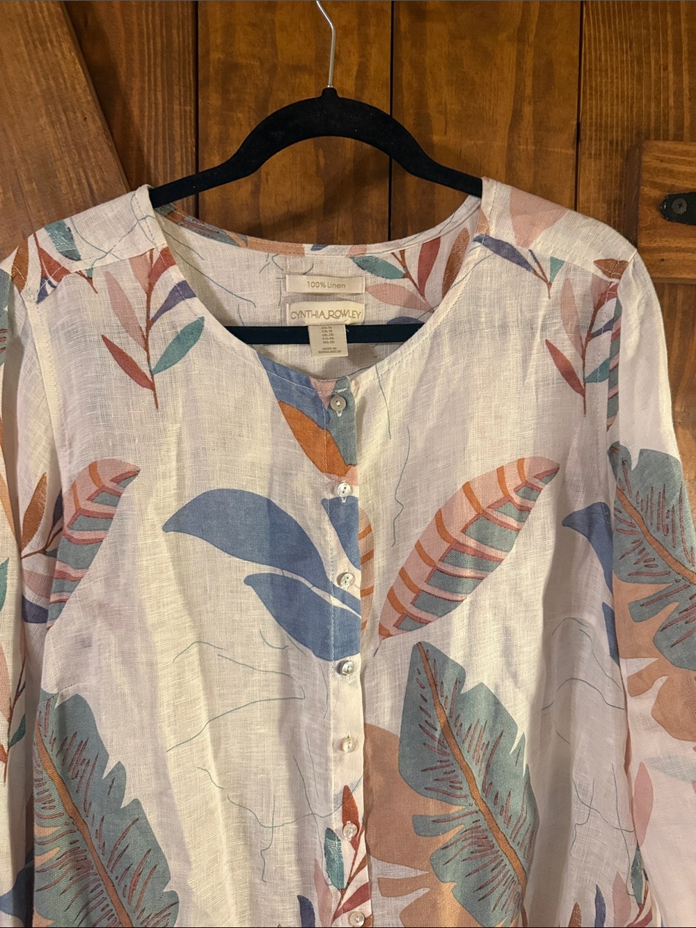 Cynthia Rowley White Botanical Linen Button-Down Top with Blue & Tan Leaves
